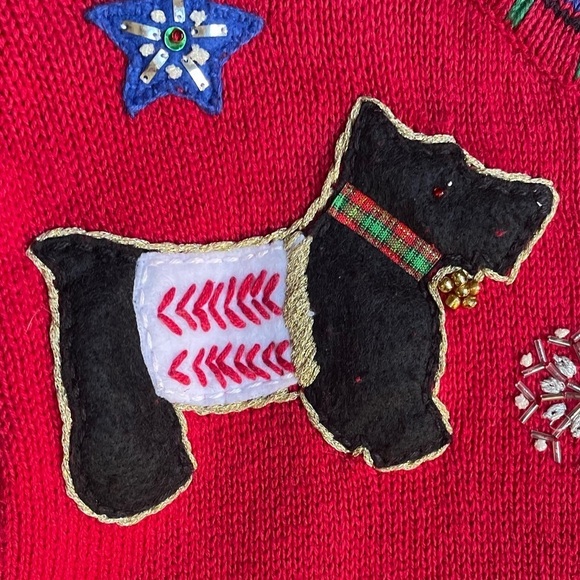 Vintage Christmas Sweater Scottish Terrier Dogs Zipper Front Red/Green SZ L - Picture 6 of 13
